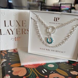 bp Silver-Tone Layered Necklace with Teal Crystal Horseshoe Pendant